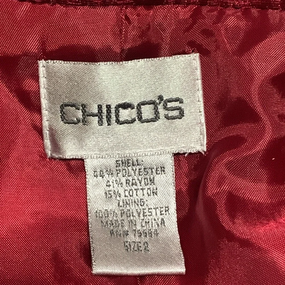 Chico's Size 2 Dark Red Floral Jacquard Blazer Jacket Mens Large‎ L 3-Button Red